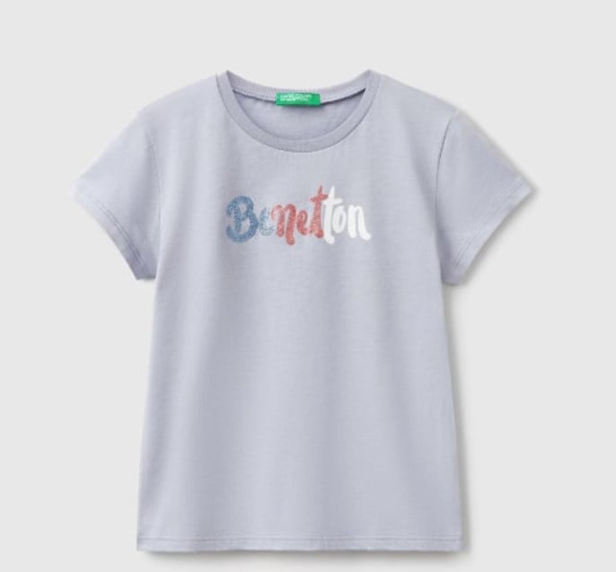 Benetton Kız Çocuk Simli Logo Baskı Tişört 6-14 Yaş LİLA
