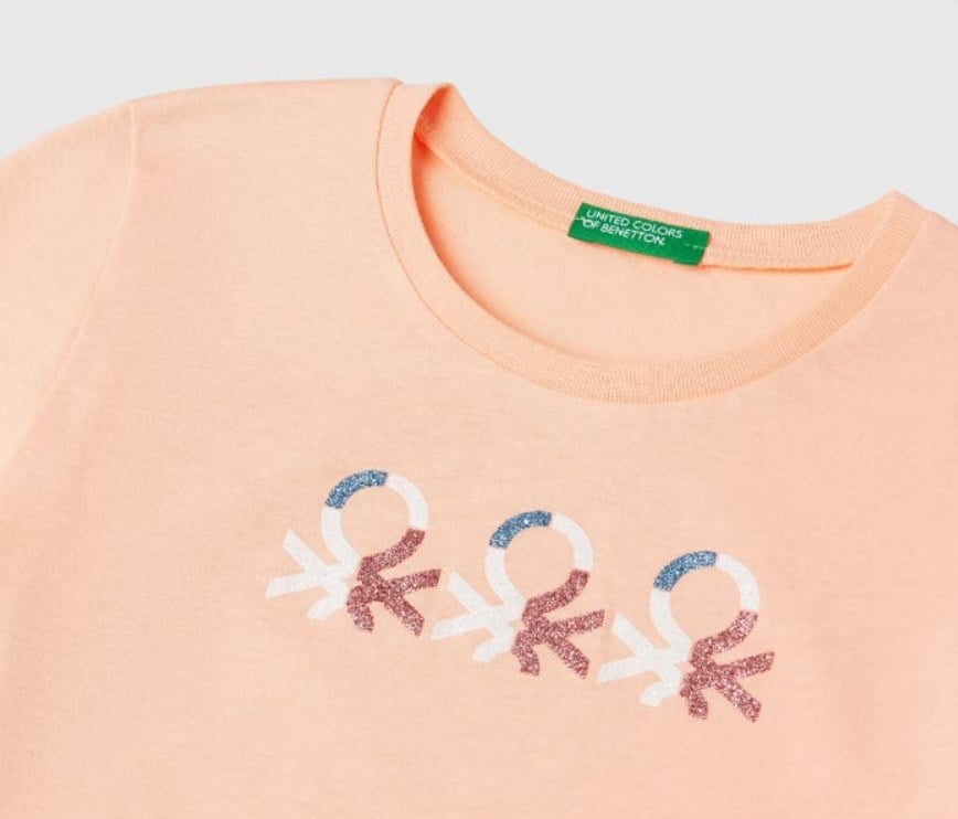 Benetton Kız Çocuk Simli Logo Baskı Tişört 6-14 Yaş SOMON