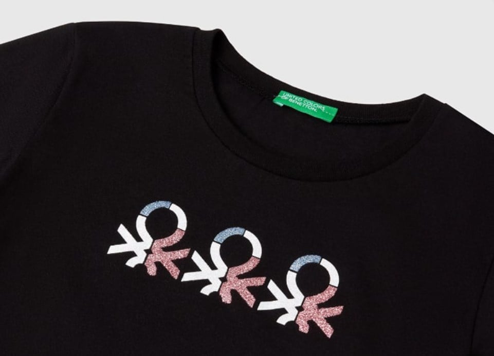 Benetton Kız Çocuk Simli Logo Baskı Tişört 6-14 Yaş SİYAH
