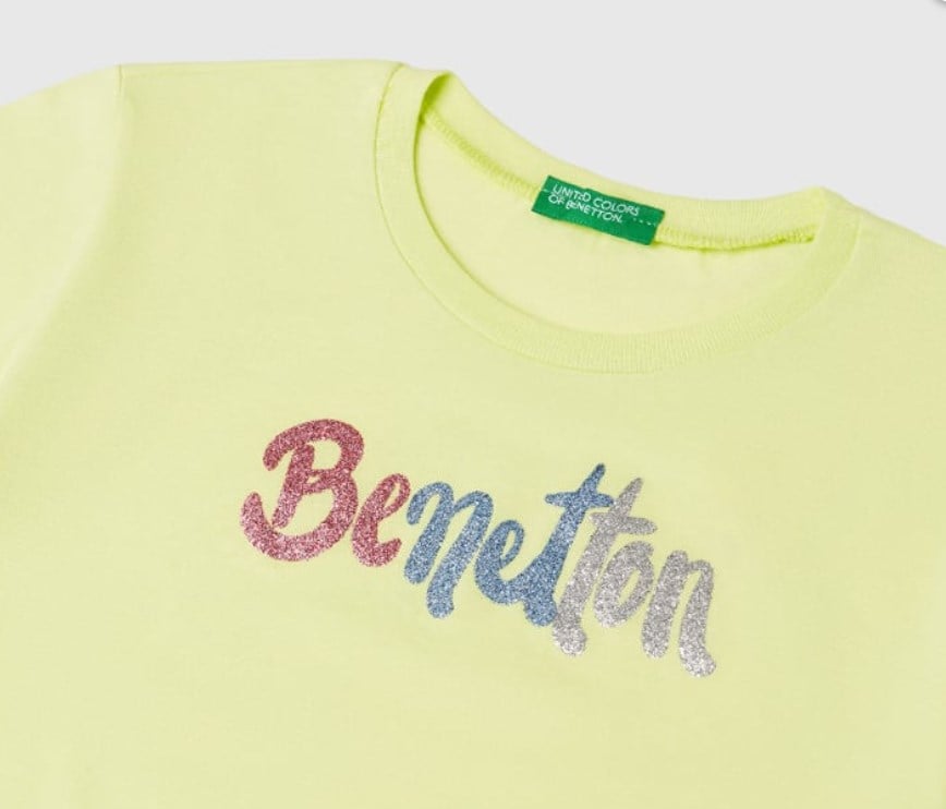 Benetton Kız Çocuk Simli Logo Baskı Tişört 6-14 Yaş SARI