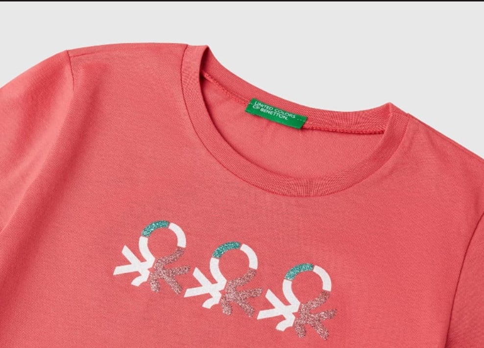 Benetton Kız Çocuk Simli Logo Baskı Tişört 6-14 Yaş PEMBE