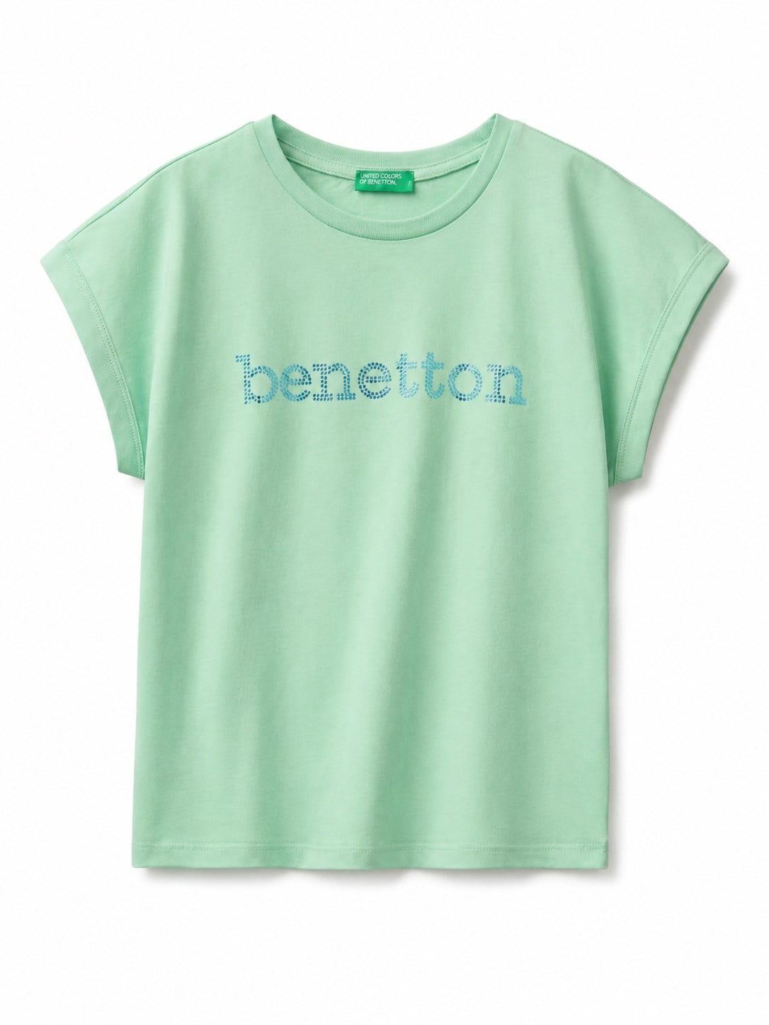 Benetton Kız Çocuk Taşlı Yuvarlak Yaka Tişört 6-14 Yaş YEŞİL