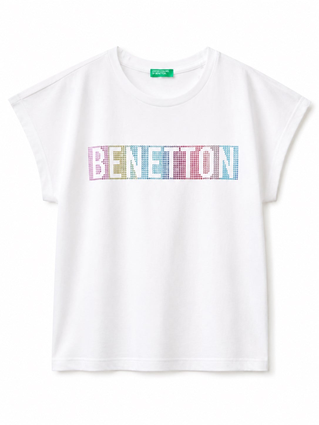 Benetton Kız Çocuk Taşlı Yuvarlak Yaka Tişört 6-14 Yaş BEYAZ
