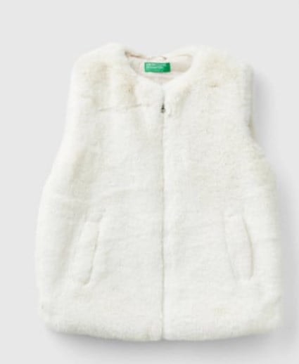 Benetton Kız Çocuk Tüylü Fermuarlı Mont 6-14 Yaş KREM