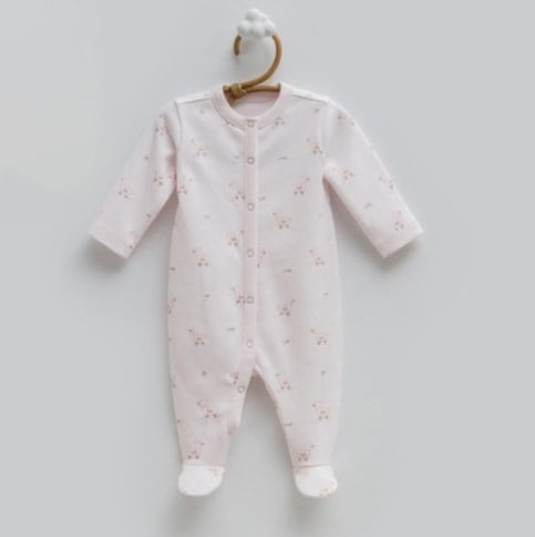 Caramell Desenli Kız Bebek %100 Pamuklu Patikli Bebek Tulum 0-3 Ay PEMBE