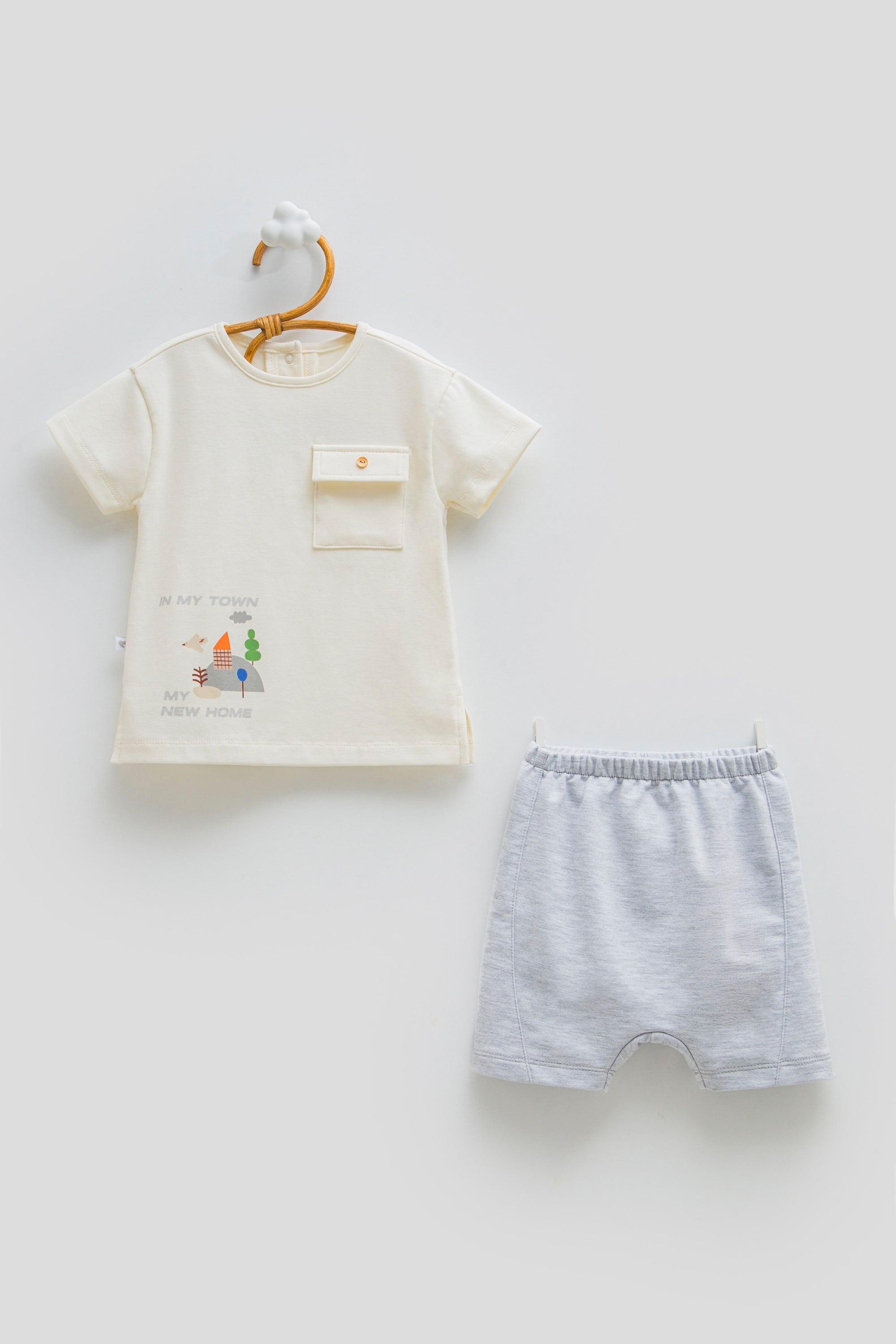 Caramell Erkek Bebek Ev Baskı Şortlu 2li Takım 9-24 Ay GRİ MELANJ