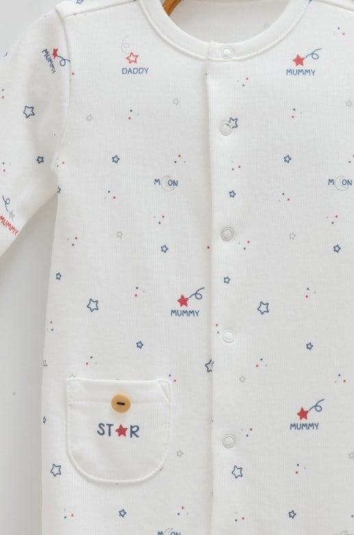 Caramell Erkek Bebek Family Star Unisex %100 Pamuk Yıldız Desenli Çoraplı Bebek Tulumu EKRU