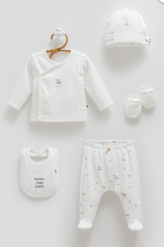 Caramell Family Star Unisex %100 Pamuk 5'li Hastane Çıkış Seti 0-3 Ay EKRU