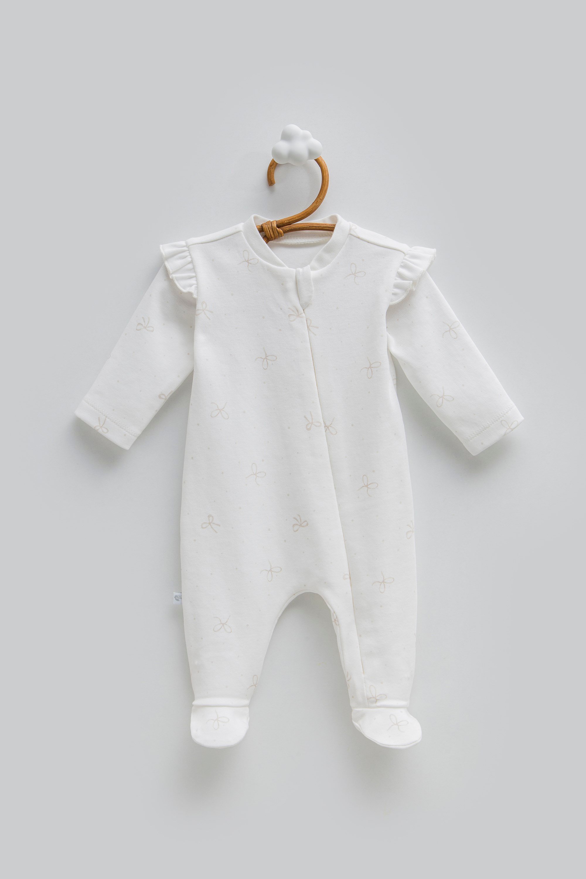 Caramell Fiyonk Desenli %100 Pamuk Kız Bebek Patikli Tulum 0-6 Ay EKRU