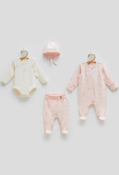 Caramell Kız Bebek %100 Pamuklu 4'lü Hastane Çıkış Seti 0-3 Ay PEMBE