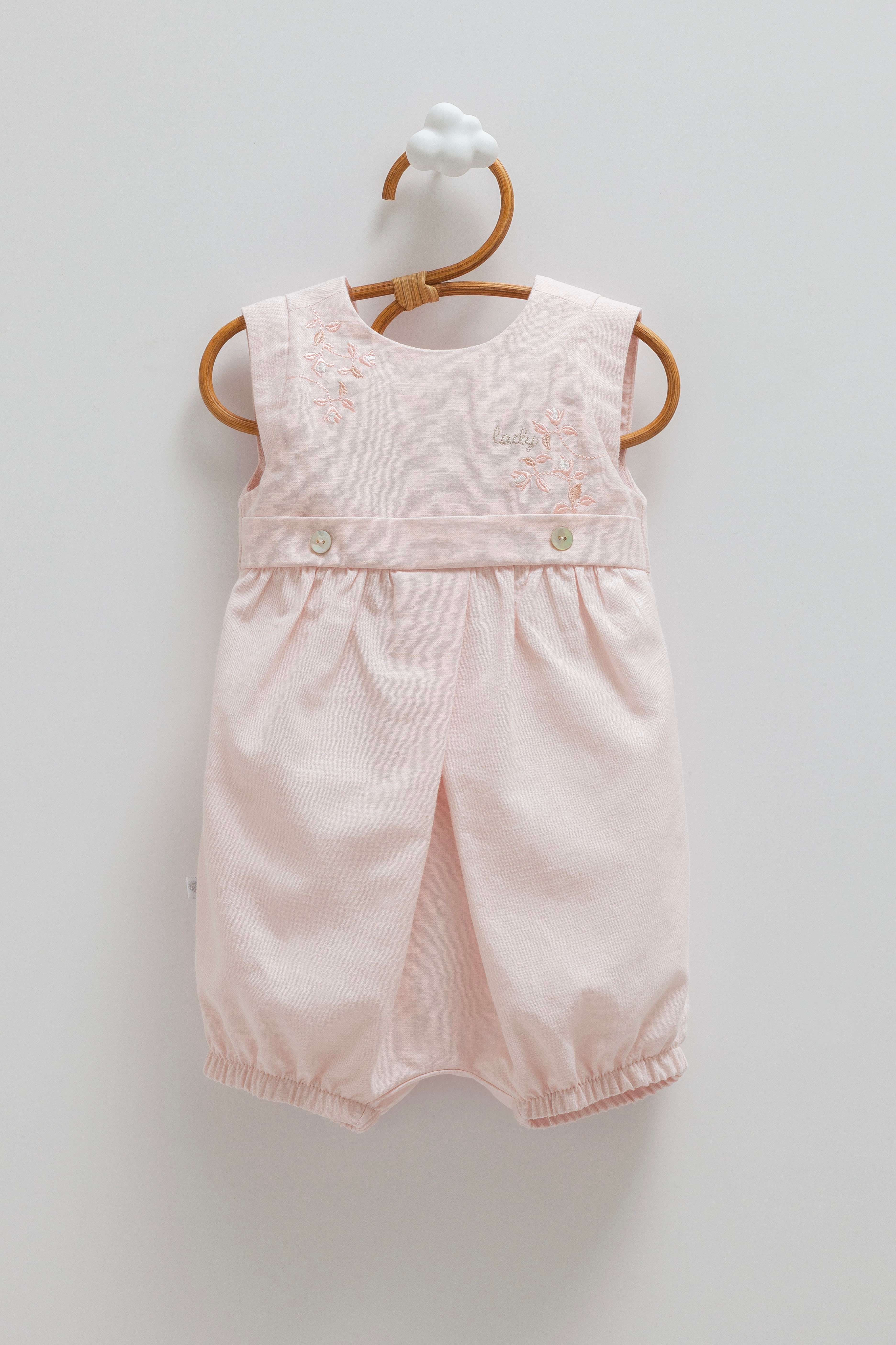 Caramell Kız Bebek Beli Kemerli Keten  Şortlu Tulum 3-18 Ay PEMBE