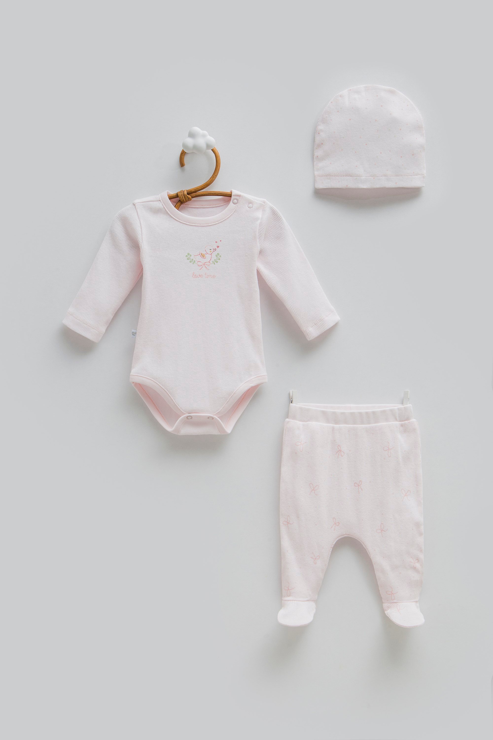 Caramell Kız Bebek Kurdele Baskı 3lü ZIıbnlı Takım 0-12 Ay PEMBE
