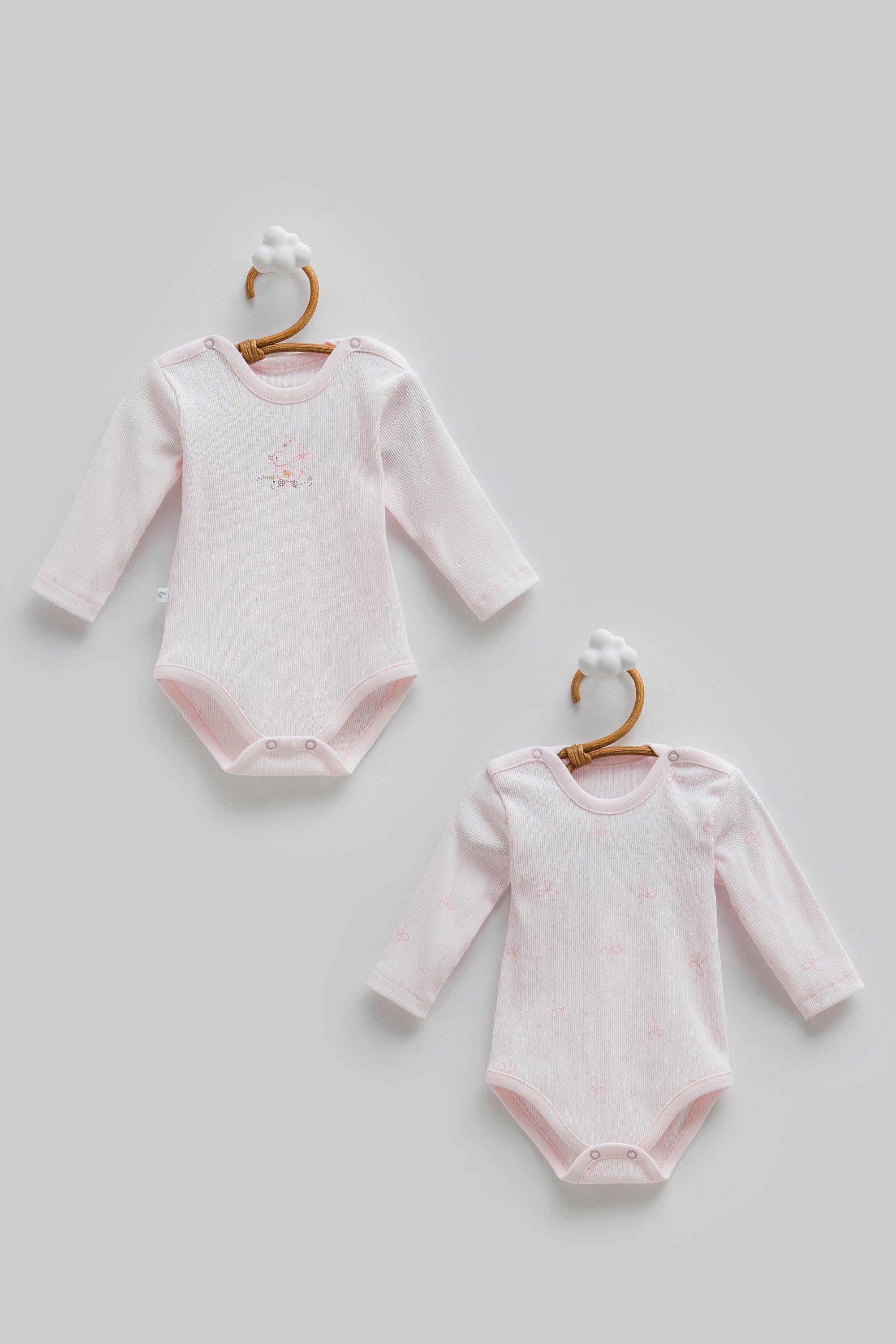 Caramell Kız Bebek Kuzu Desenli Uzun Kollu 2'li Çıtçıtlı Body Zıbın Seti 0-9 Ay PEMBE