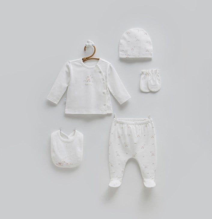 Caramell Kız Bebek Love Baskı 5 Parça Pamuklu Hastane Çıkışı 0-3 Ay EKRU