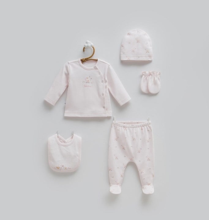 Caramell Kız Bebek Love Baskı 5 Parça Pamuklu Hastane Çıkışı 0-3 Ay PEMBE