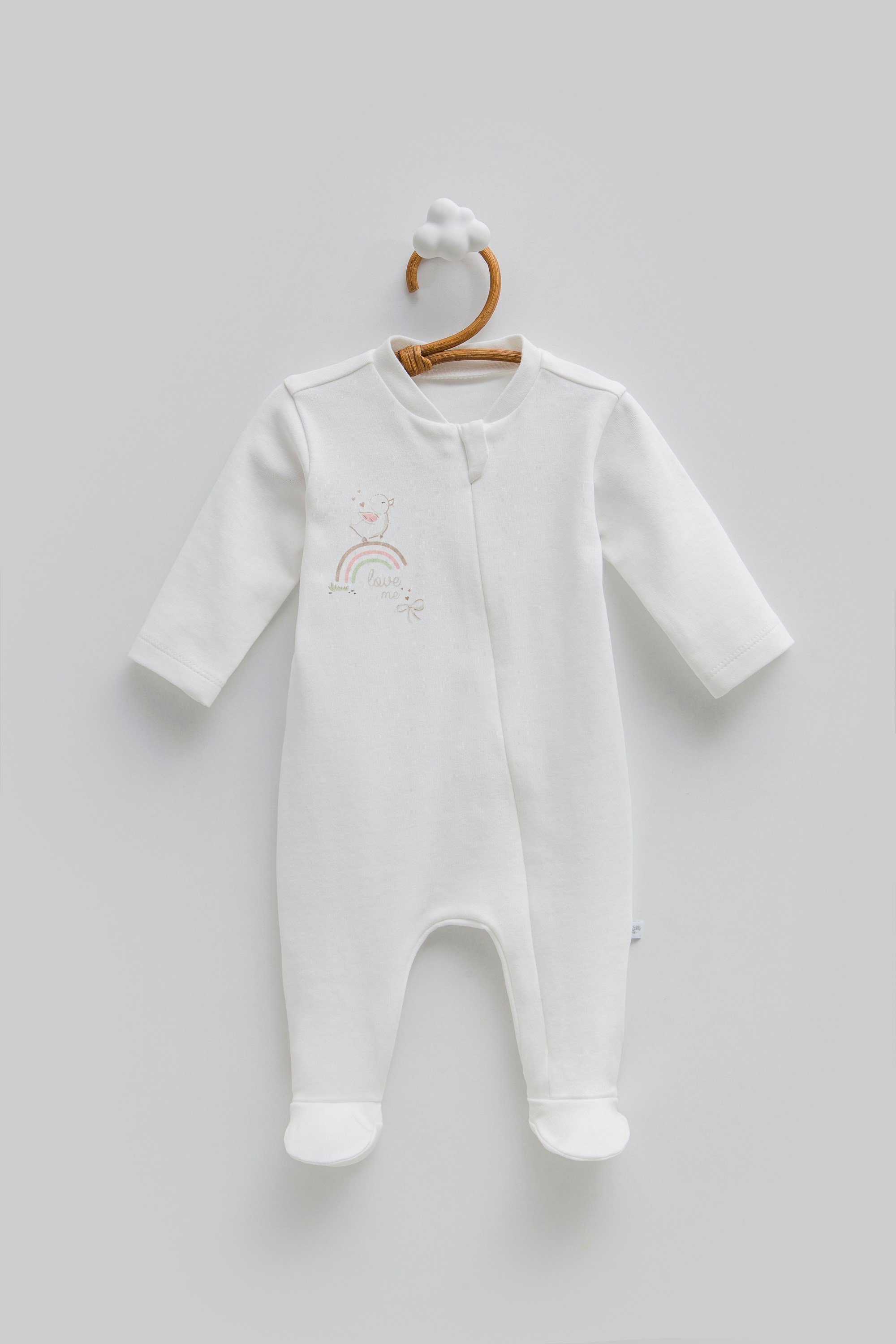 Caramell Kız Bebek  Love Time Gökkuşağı Nakışlı Kız Bebek Patikli Tulum 0-6 Ay EKRU
