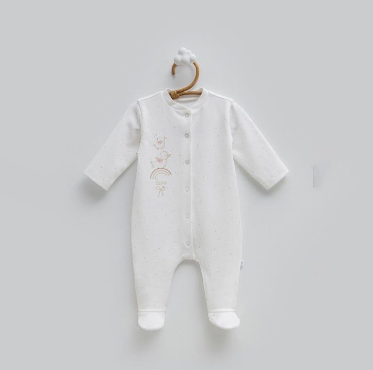 Caramell Kız Bebek Serçe Baskı Çıtçıtlı Patikli Tulum 0-9 Ay EKRU