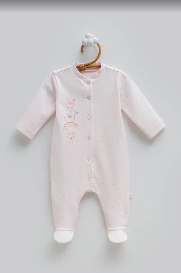 Caramell Kız Bebek Serçe Baskı Çıtçıtlı Patikli Tulum 0-9 Ay PEMBE