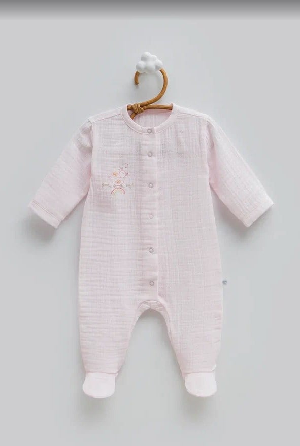 Caramell Kız Bebek Serçe Naskı Patikli Müslin Tulum 0-9 Ay PEMBE