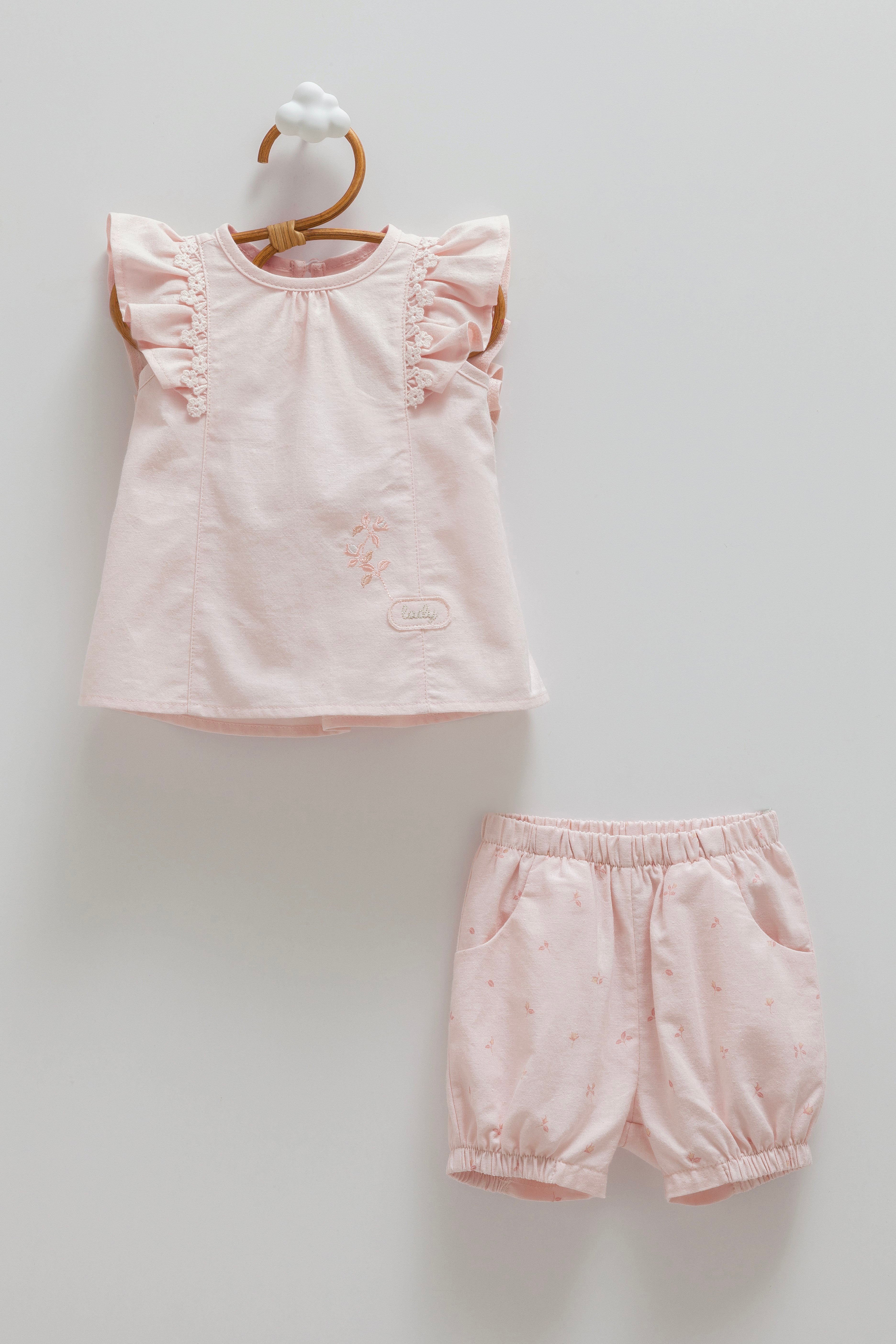 Caramell Kız Bebek Yaprak Baskı Keten Şortlu 2li Takım 6-24 Ay PEMBE