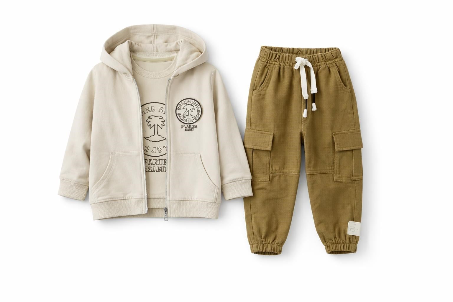 Cocosiss Erkek Bebek Kapişonlu Cepli Kargo Pantalonlu 3lü Takım 2-5 Yaş KREM
