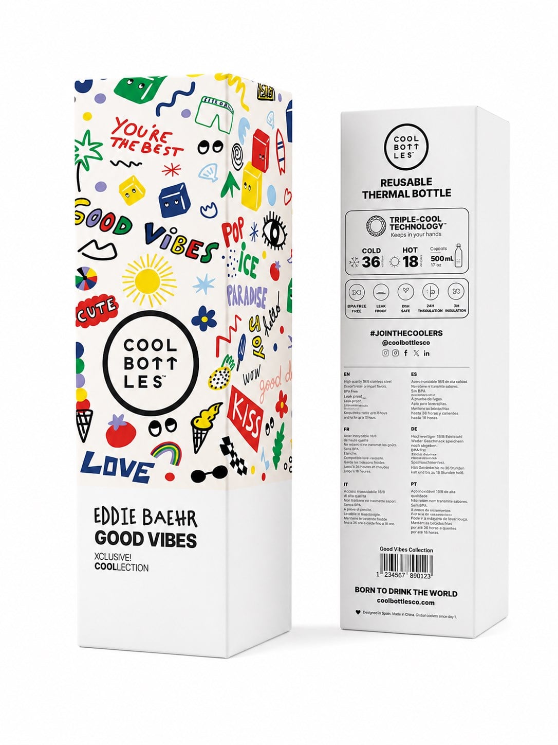 Cool Bottles Eddie Baehr - Good Vibes 500 ml Paslanmaz Çelik Matara Termos ÇOK RENKLİ