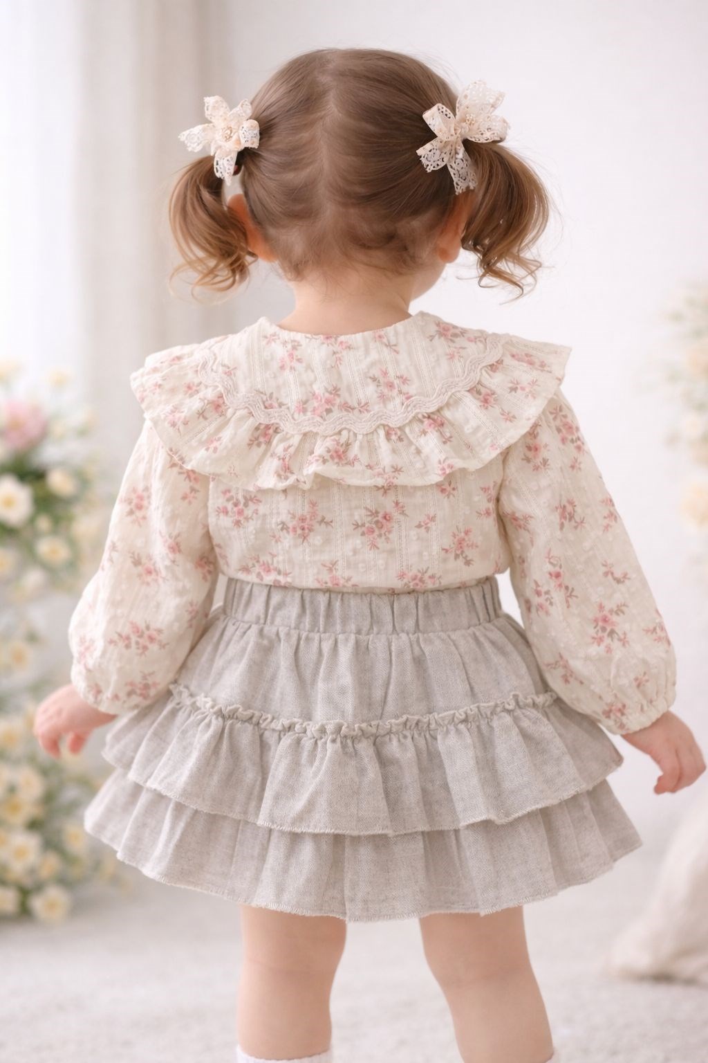 Cumino Kız Bebek Bebe Yakalı Kapartmalı Keten Etekli Takım 9-24 Ay PEMBE