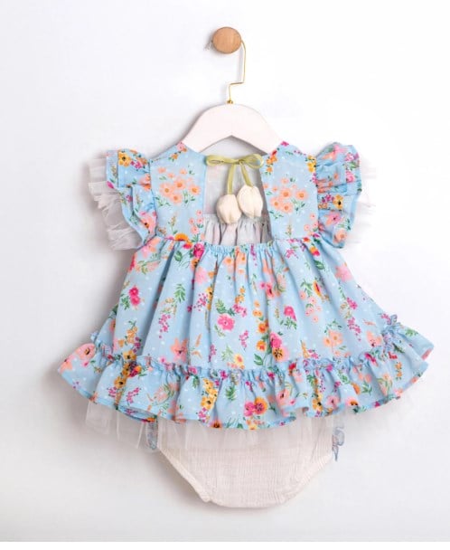 Cumino Kız Bebek Zıbınlı  Kolları Fırfırlı Elbise 9-24 Ay MAVİ