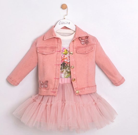 Cumino Kız Çocuk Kot Ceketli Tütü Etekli 3Lü Takım 2-5 Yaş PEMBE