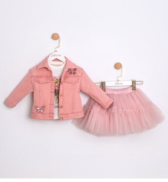 Cumino Kız Çocuk Kot Ceketli Tütü Etekli 3Lü Takım 2-5 Yaş PEMBE