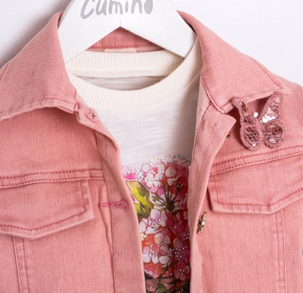 Cumino Kız Çocuk Kot Ceketli Tütü Etekli 3Lü Takım 2-5 Yaş PEMBE