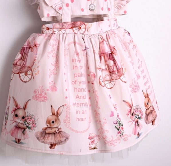 Cumino Kız Çocuk Tatlı Tavşan Baskı Belden Dekolteli Elbise 2-5 Yaş PEMBE