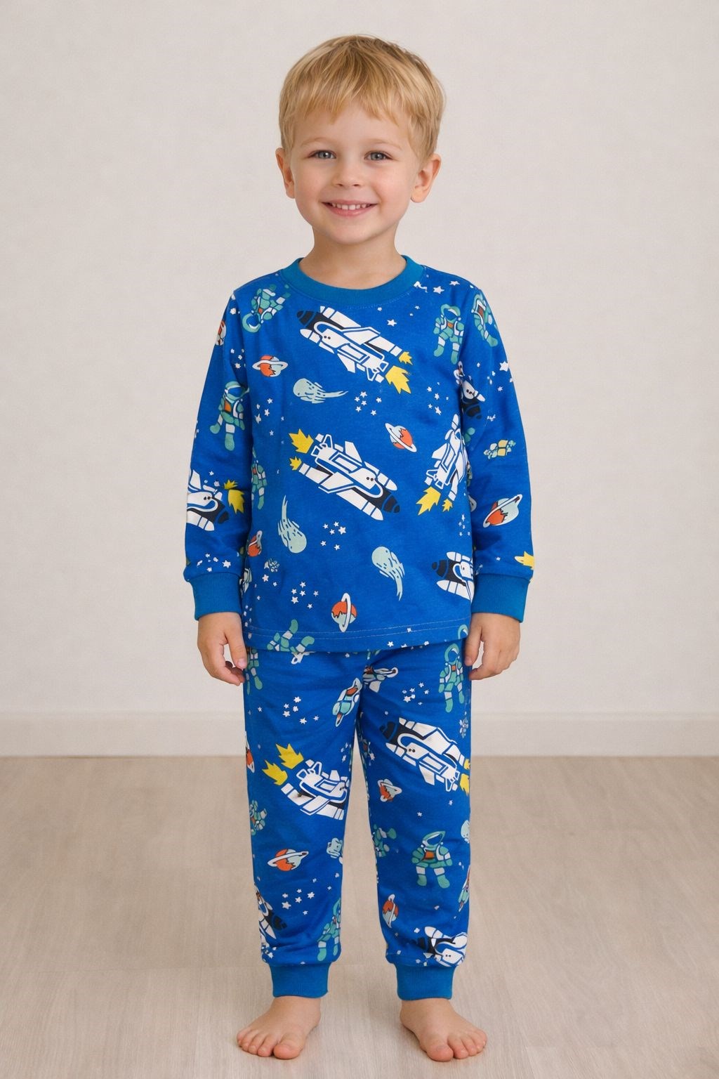 Elmas Erkek ÇÇocuk Uzay Araçları Baskı  Uzun Kollu Pijama Takımı 1-9 Yaş MAVİ