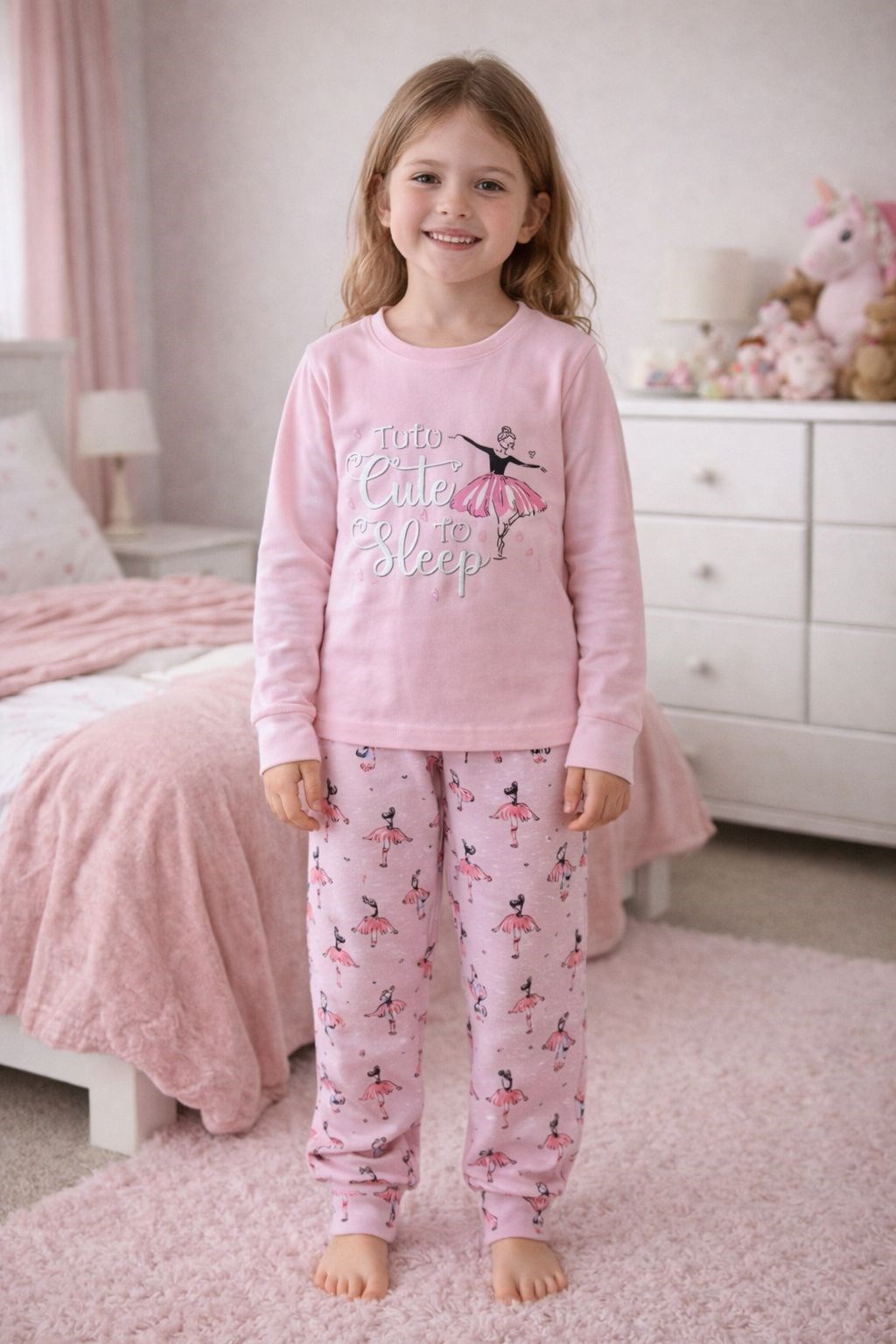 Elmas Kız Çocuk Balerin Baskı Uzun Kollu Pijama Takımı 1-9 Yaş ÇOK RENKLİ