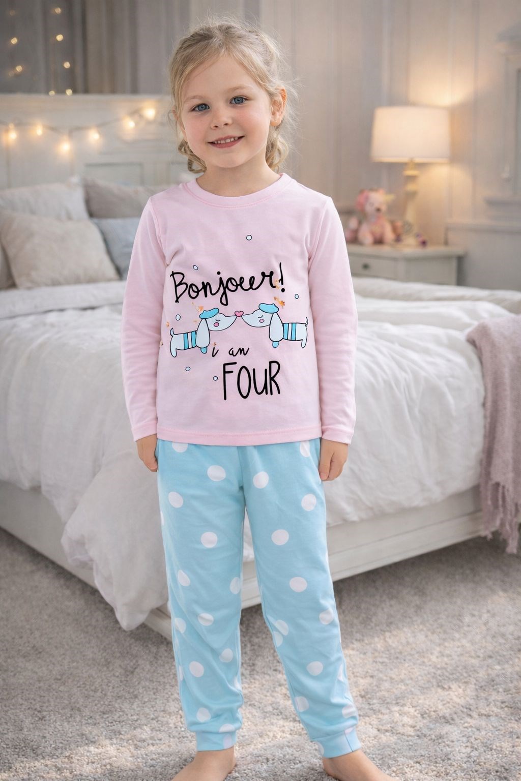Elmas Kız Çocuk Bonjour Baskı Pijama Takımı 1-13 Yaş ÇOK RENKLİ