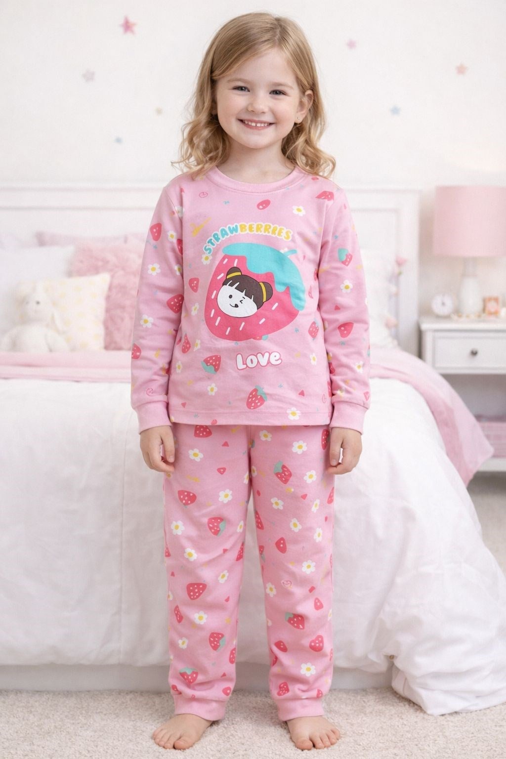 Elmas Kız Çocuk Çilek Baskı Pijama Takımı 1-9 Yaş ÇOK RENKLİ