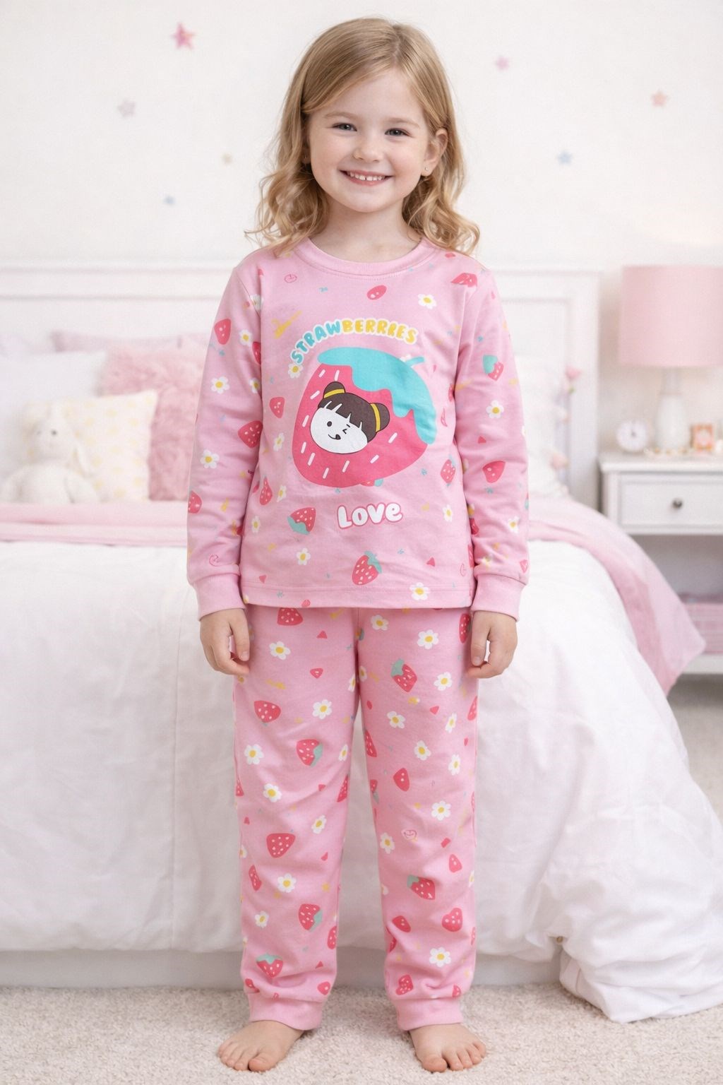 Elmas Kız Çocuk Çilek Baskı Pijama Takımı 1-9 Yaş ÇOK RENKLİ
