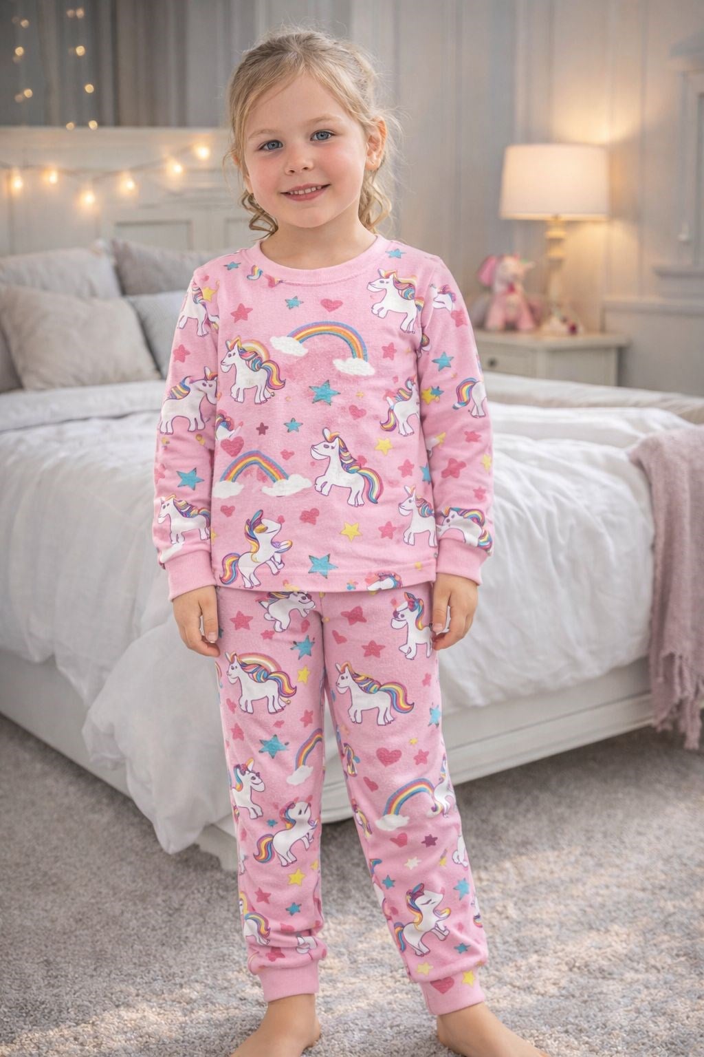 Elmas Kız Çocuk Gökkuşağı Unicorn Baskı Pijama Takımı 1-13 Yaş PEMBE