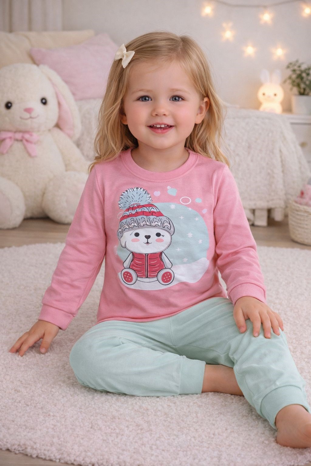 Elmas Kız Çocuk Kardan Adam Baskı Pijama Takımı 1-9 Yaş PEMBE