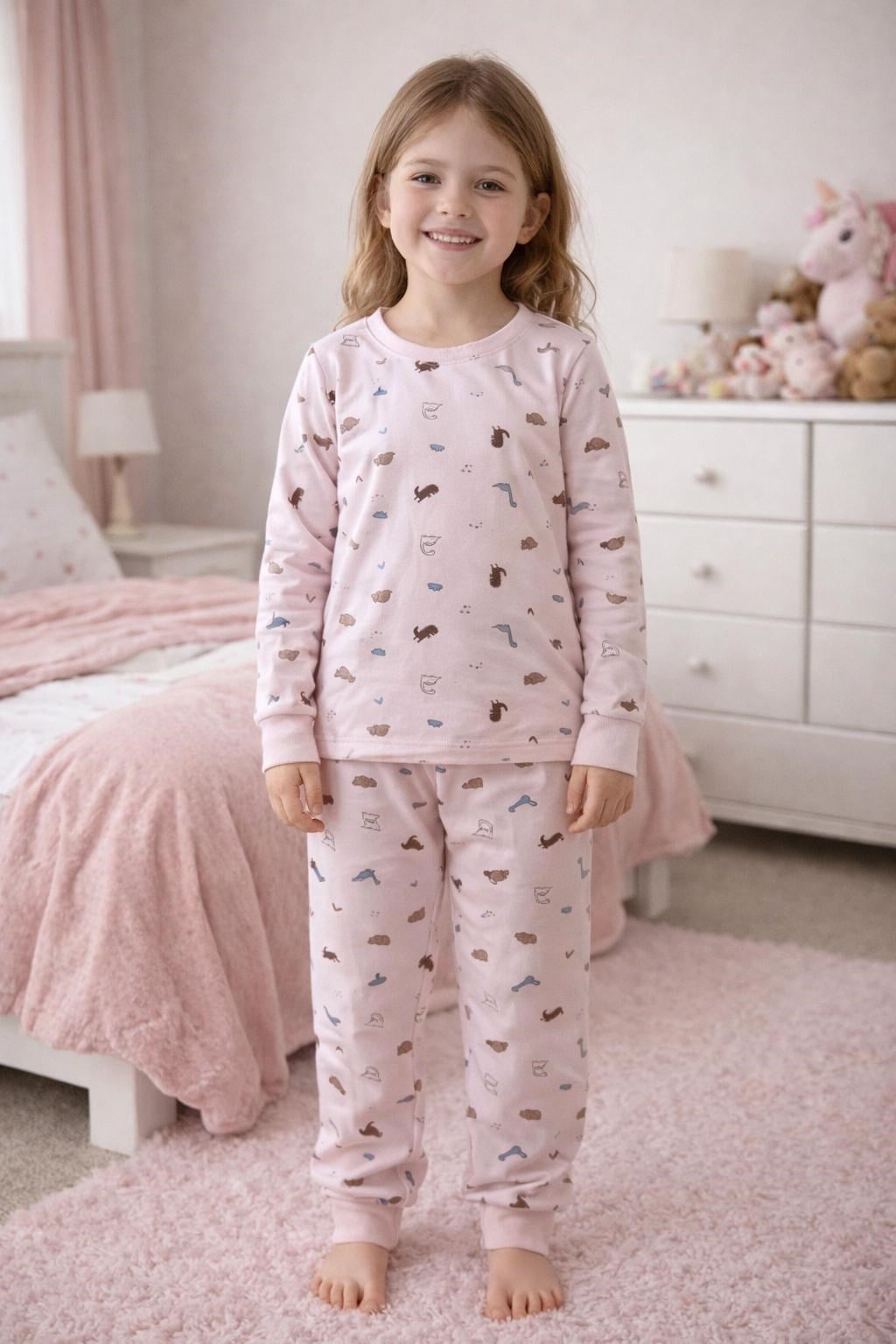 Elmas Kız Çocuk Küçük Hayvan Baskı Uzun Kollu Pijama Takımı 1-5 Yaş SOMON