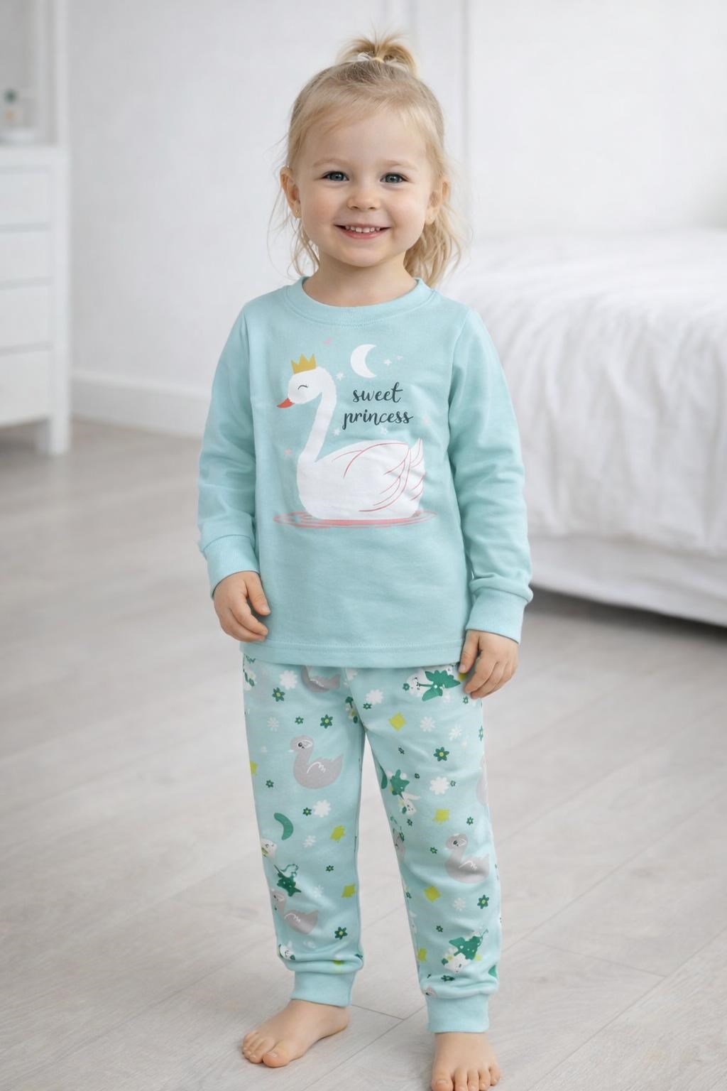 Elmas Kız Çocuk Kuğu Baskı Pijama Takımı 1-9 Yaş ÇOK RENKLİ