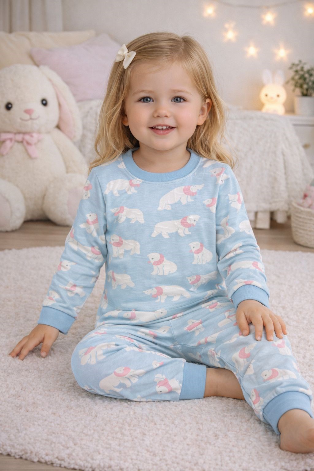 Elmas Kız Çocuk Kutup Ayısı Baskı Pijama Takımı 1-5 Yaş MAVİ