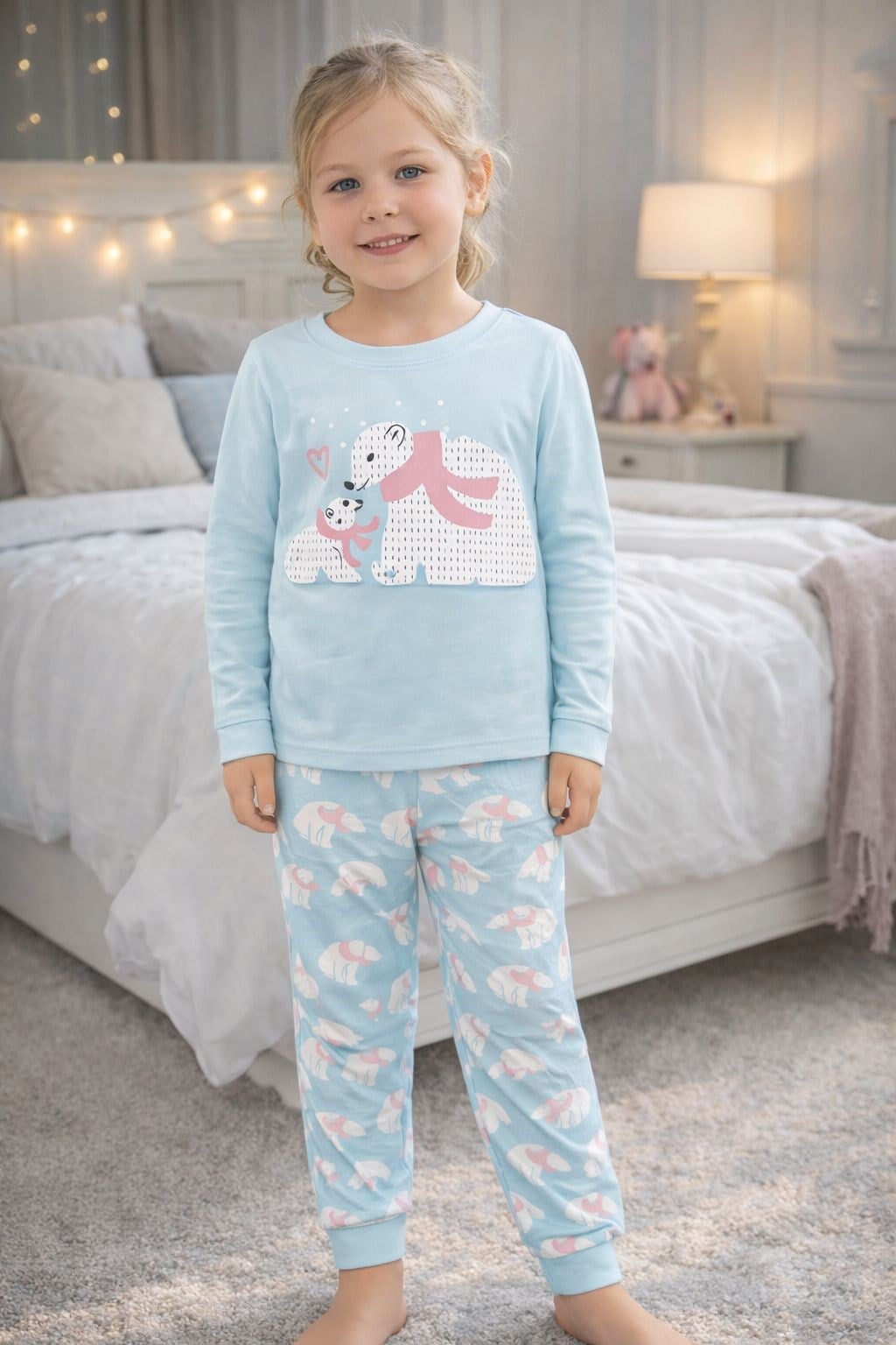 Elmas Kız Çocuk Panda Baskılı Pijama Takımı 1-9 Yaş MAVİ