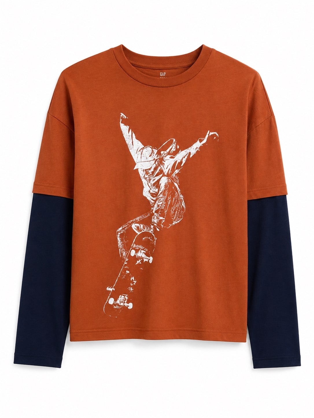 GAP Erkek Çocuk Bisiklet Yaka Grafik Baskılı Çift Renkli Uzun Kollu T-Shirt 4-15 Yaş TURUNCU