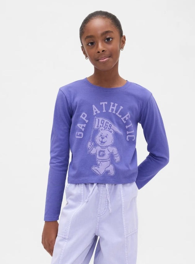GAP Kids Kız Lila Brannan Bear Maskot Baskılı Uzun Kollu T-Shirt 6-16 Yaş MAVİ