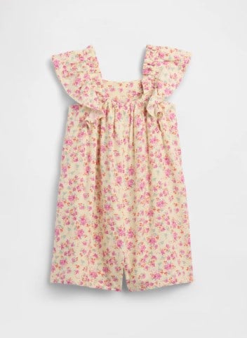 Gap Kız Bebek Çiçek Desenli Kare Yaka Fırfırlı Şort Tulum 6 Ay-5 Yaş PEMBE