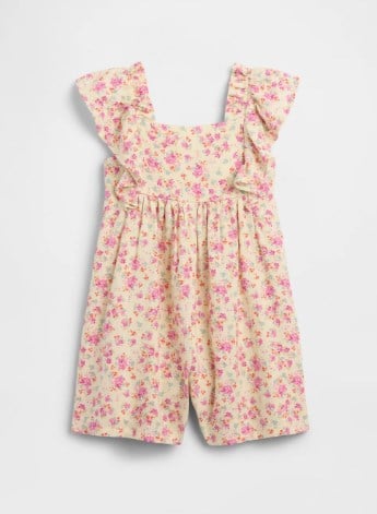 Gap Kız Bebek Çiçek Desenli Kare Yaka Fırfırlı Şort Tulum 6 Ay-5 Yaş PEMBE