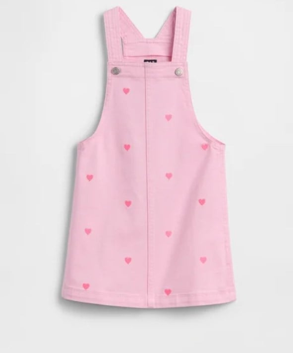 Gap Kız Bebek Pembe Kalp Nakışlı Denim Salopet Jile Elbise 0-5 Yaş PEMBE