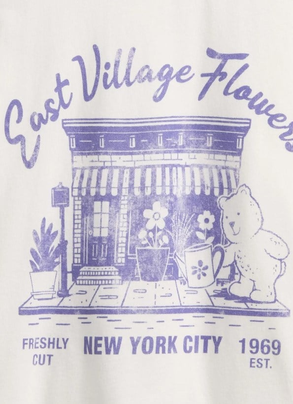 GAP Kız Çocuk Bisiklet Yaka East Village Flowers Baskılı Uzun Kollu Tişört 6-16 Yaş BEYAZ