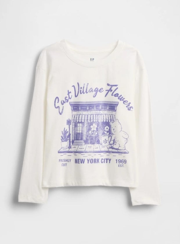 GAP Kız Çocuk Bisiklet Yaka East Village Flowers Baskılı Uzun Kollu Tişört 6-16 Yaş BEYAZ